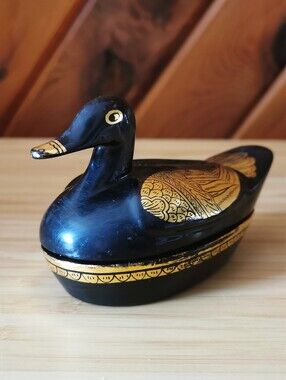 Vintage Black Lacquered Hand-Painted Duck Trinket Box